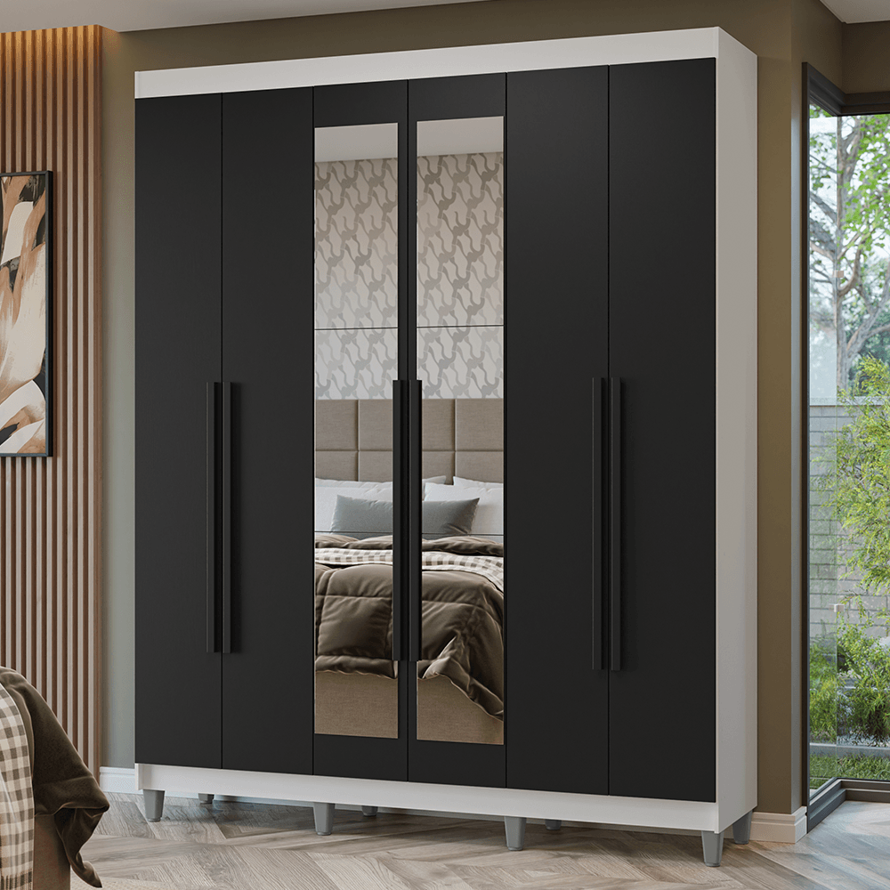 Guarda-Roupa Casal com Pés 6 Portas Batentes com Espelho Branco/Preto/Preto Netuno Madesa - Rustic/Branco/Rustic