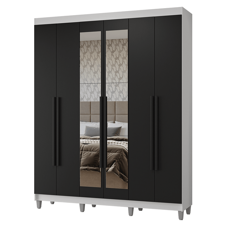 Guarda-Roupa Casal com Pés 6 Portas Batentes com Espelho Branco/Preto/Preto Netuno Madesa