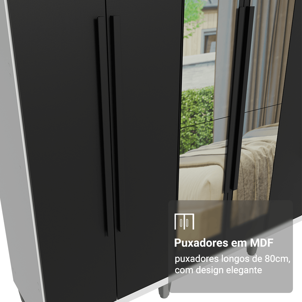 Guarda-Roupa Casal com Pés 6 Portas Batentes com Espelho Branco/Preto/Preto Netuno Madesa
