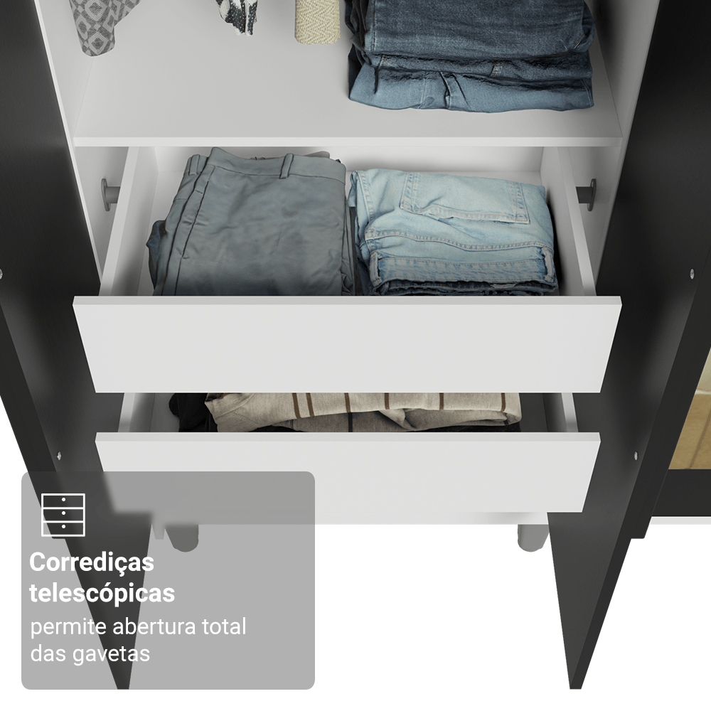 Guarda-Roupa Casal com Pés 6 Portas Batentes com Espelho Branco/Preto/Preto Netuno Madesa