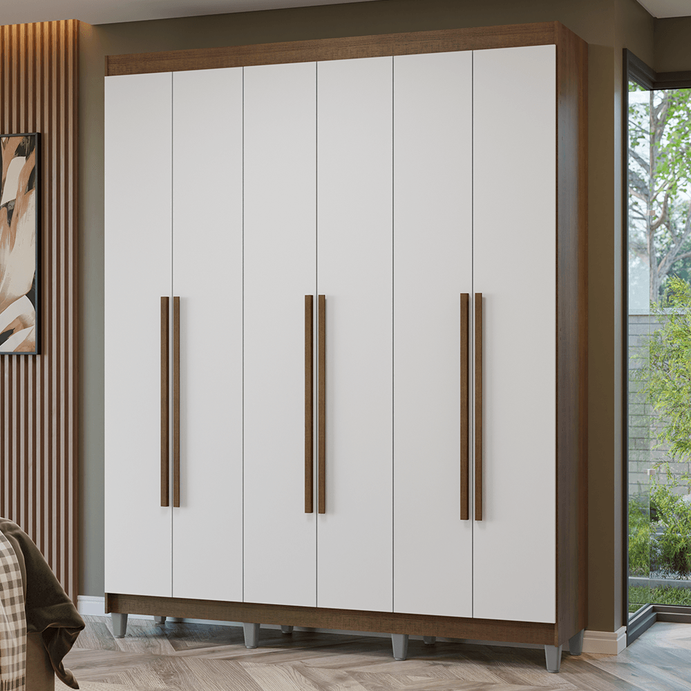 Guarda-Roupa Casal com Pés 6 Portas Batentes Rustic/Branco/Rustic Netuno Madesa - Rustic/Branco/Rustic