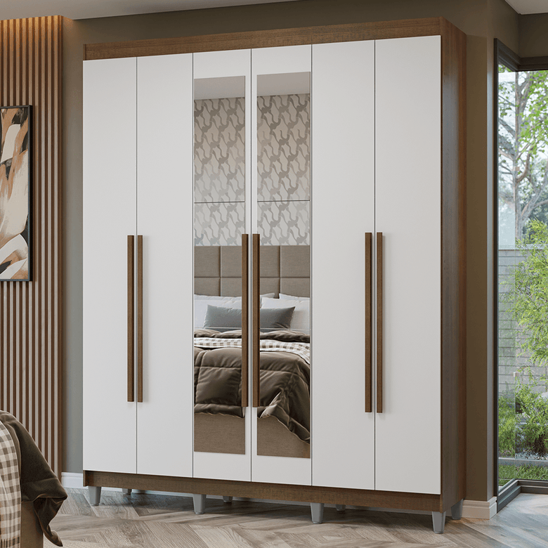 Guarda-Roupa Casal com Pés 6 Portas Batentes com Espelho Rustic/Branco/Rustic Netuno Madesa