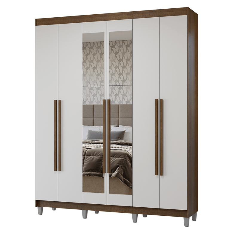 Guarda-Roupa Casal com Pés 6 Portas Batentes com Espelho Rustic/Branco/Rustic Netuno Madesa