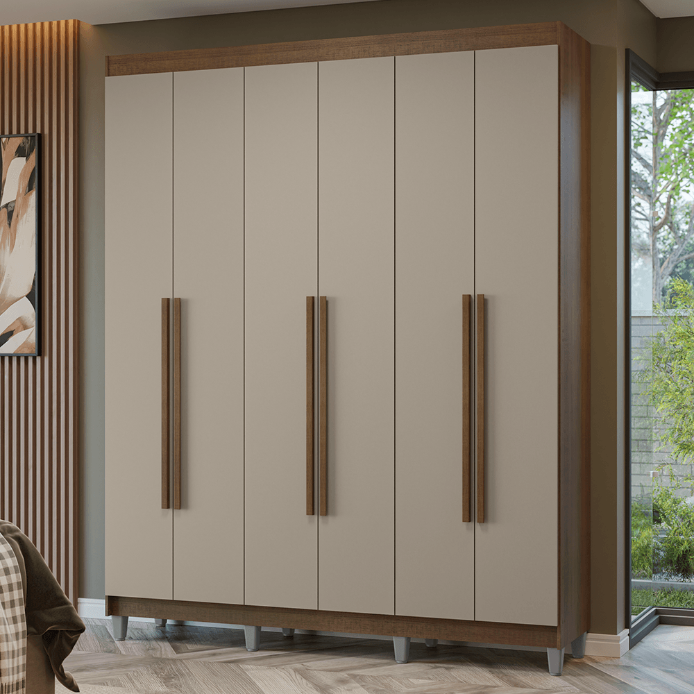 Guarda-Roupa Casal com Pés 6 Portas Batentes Rustic/Crema/Rustic Netuno Madesa - Rustic/Crema/Rustic