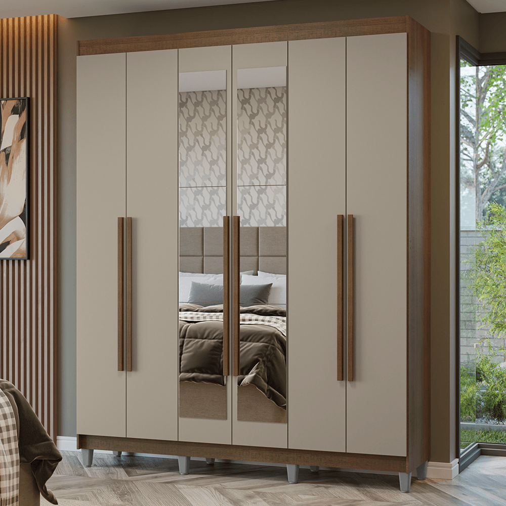 Guarda-Roupa Casal com Pés 6 Portas Batentes com Espelho Rustic/Crema/Rustic Netuno Madesa - Rustic/Preto/Preto