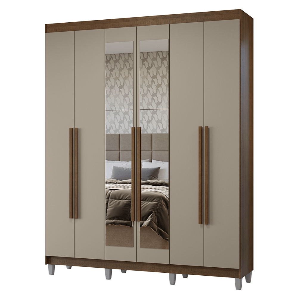 Guarda-Roupa Casal com Pés 6 Portas Batentes com Espelho Rustic/Crema/Rustic Netuno Madesa - Rustic/Preto/Preto