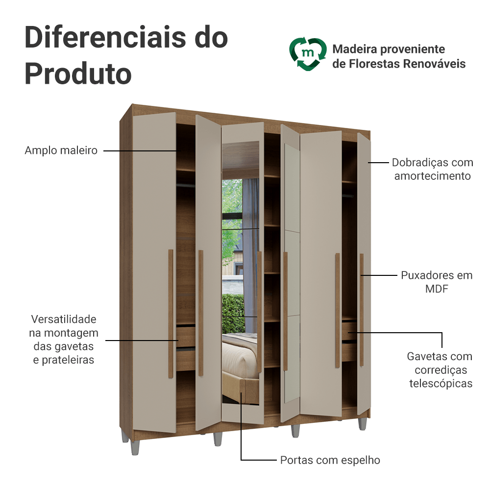 Guarda-Roupa Casal com Pés 6 Portas Batentes com Espelho Rustic/Crema/Rustic Netuno Madesa