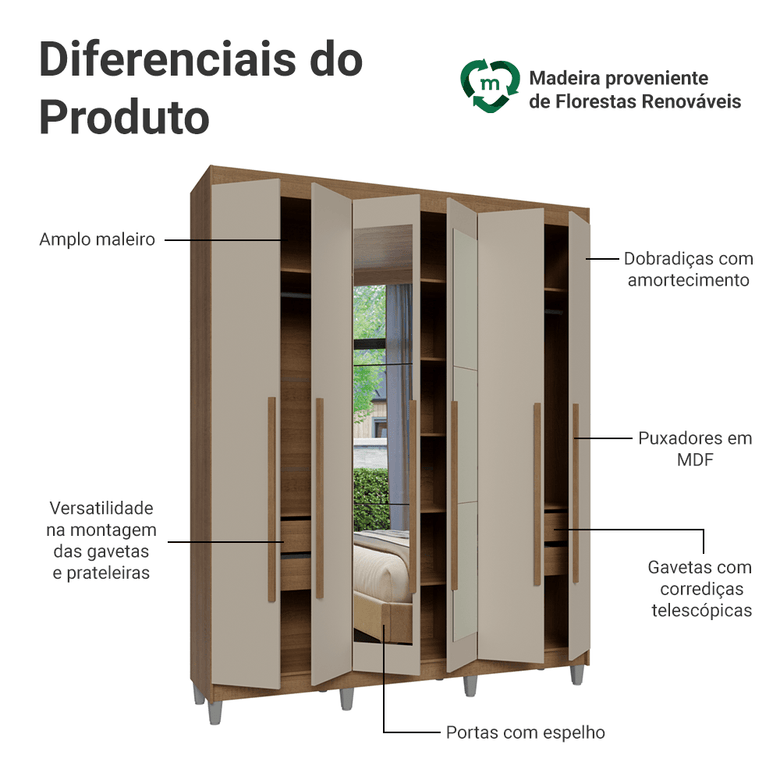 Guarda-Roupa Casal com Pés 6 Portas Batentes com Espelho Rustic/Crema/Rustic Netuno Madesa