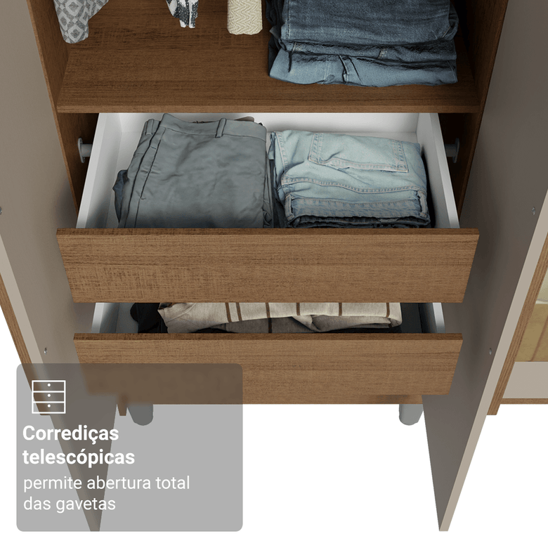 Guarda-Roupa Casal com Pés 6 Portas Batentes com Espelho Rustic/Crema/Rustic Netuno Madesa