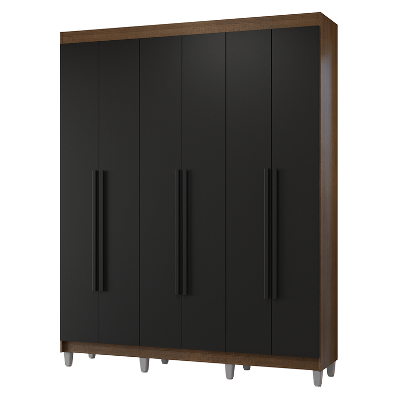 Guarda-Roupa Casal com Pés 6 Portas Batentes Rustic/Preto/Preto Netuno Madesa