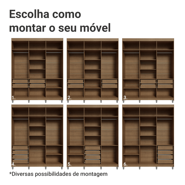 Guarda-Roupa Casal com Pés 6 Portas Batentes Rustic/Preto/Preto Netuno Madesa