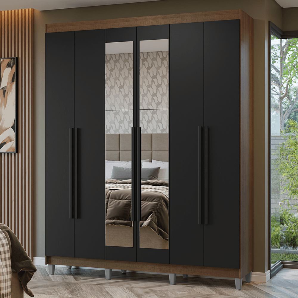 Guarda-Roupa Casal com Pés 6 Portas Batentes com Espelho Rustic/Preto/Preto Netuno Madesa - Rustic/Preto/Rustic