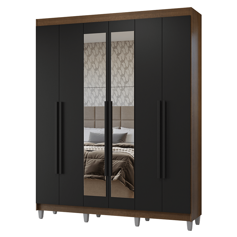 Guarda-Roupa Casal com Pés 6 Portas Batentes com Espelho Rustic/Preto/Preto Netuno Madesa - Rustic/Preto/Rustic
