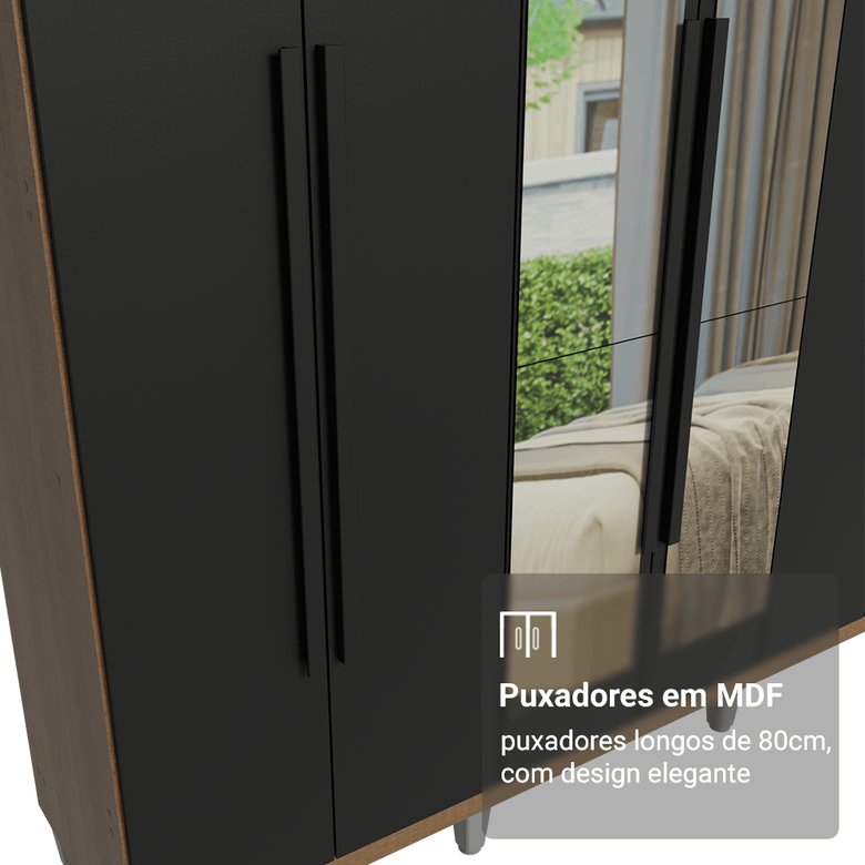 Guarda-Roupa Casal com Pés 6 Portas Batentes com Espelho Rustic/Preto/Preto Netuno Madesa