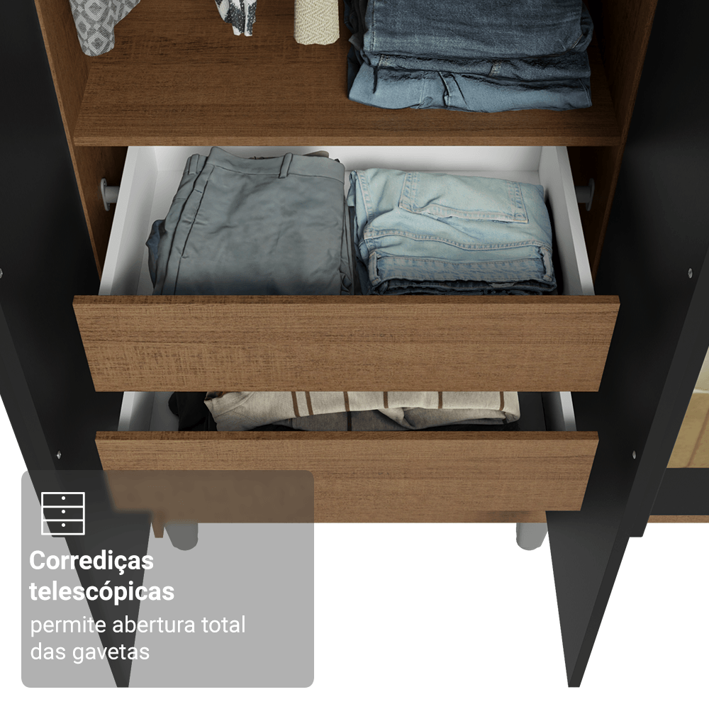 Guarda-Roupa Casal com Pés 6 Portas Batentes com Espelho Rustic/Preto/Preto Netuno Madesa