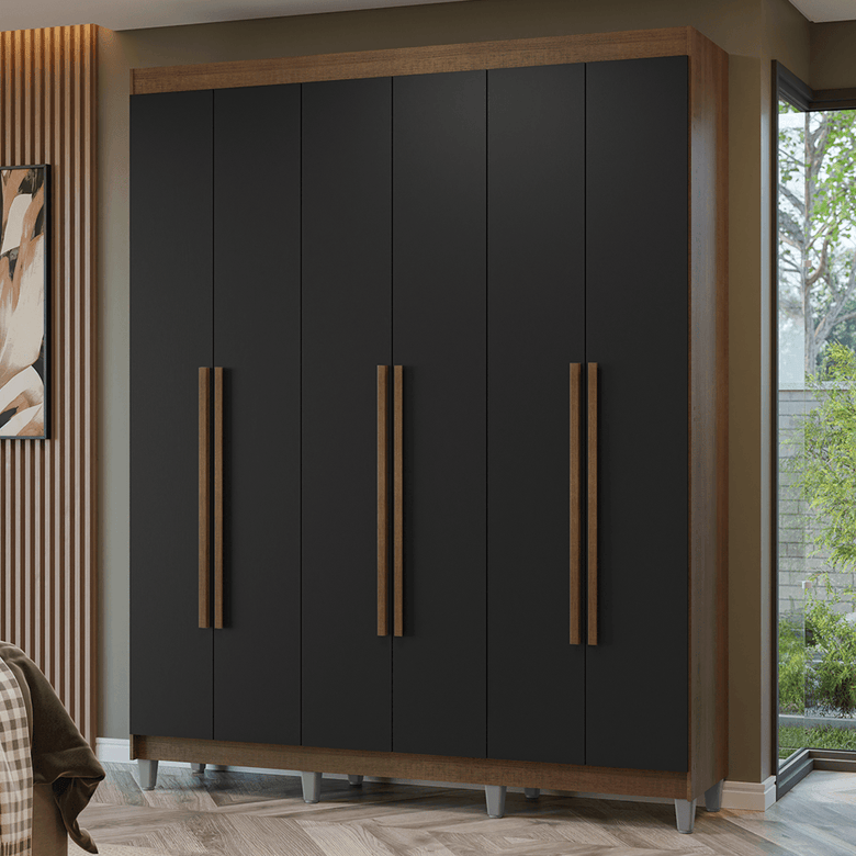 Guarda-Roupa Casal com Pés 6 Portas Batentes Rustic/Preto/Rustic Netuno Madesa