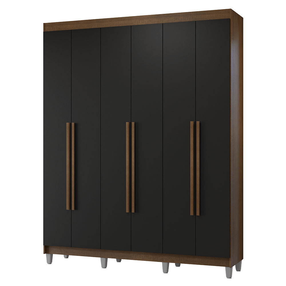 Guarda-Roupa Casal com Pés 6 Portas Batentes Rustic/Preto/Rustic Netuno Madesa - Rustic/Preto/Rustic