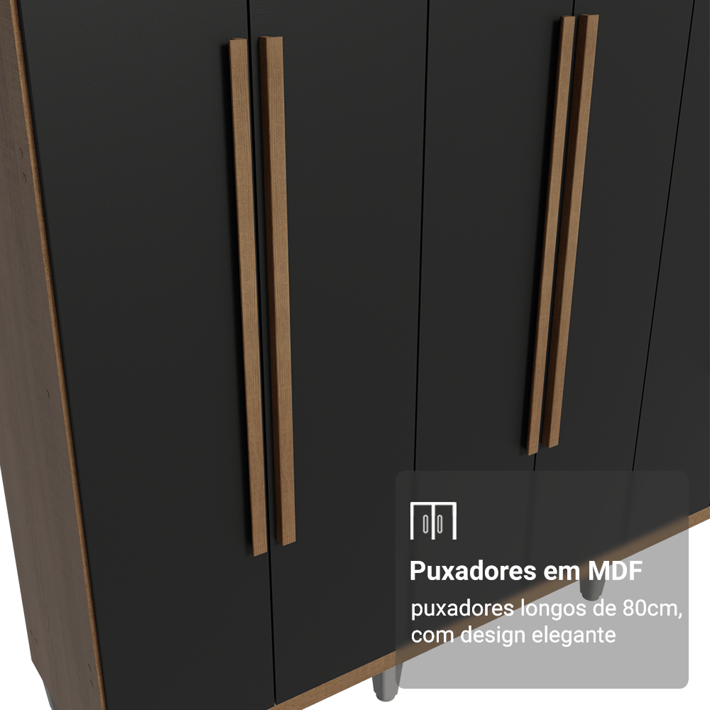Guarda-Roupa Casal com Pés 6 Portas Batentes Rustic/Preto/Rustic Netuno Madesa