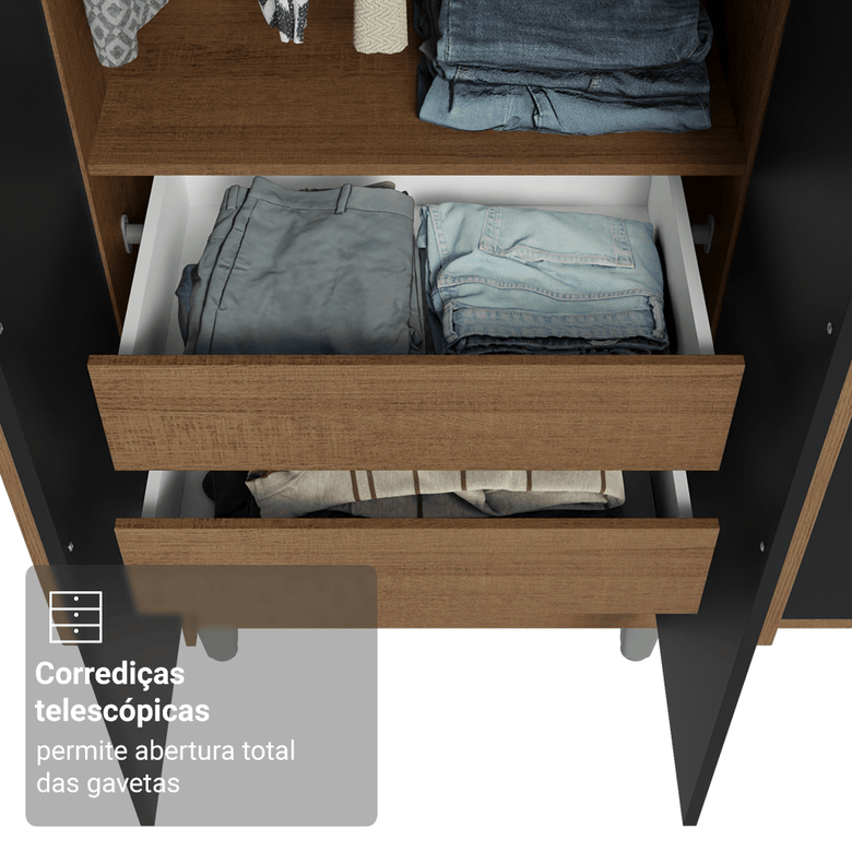 Guarda-Roupa Casal com Pés 6 Portas Batentes Rustic/Preto/Rustic Netuno Madesa