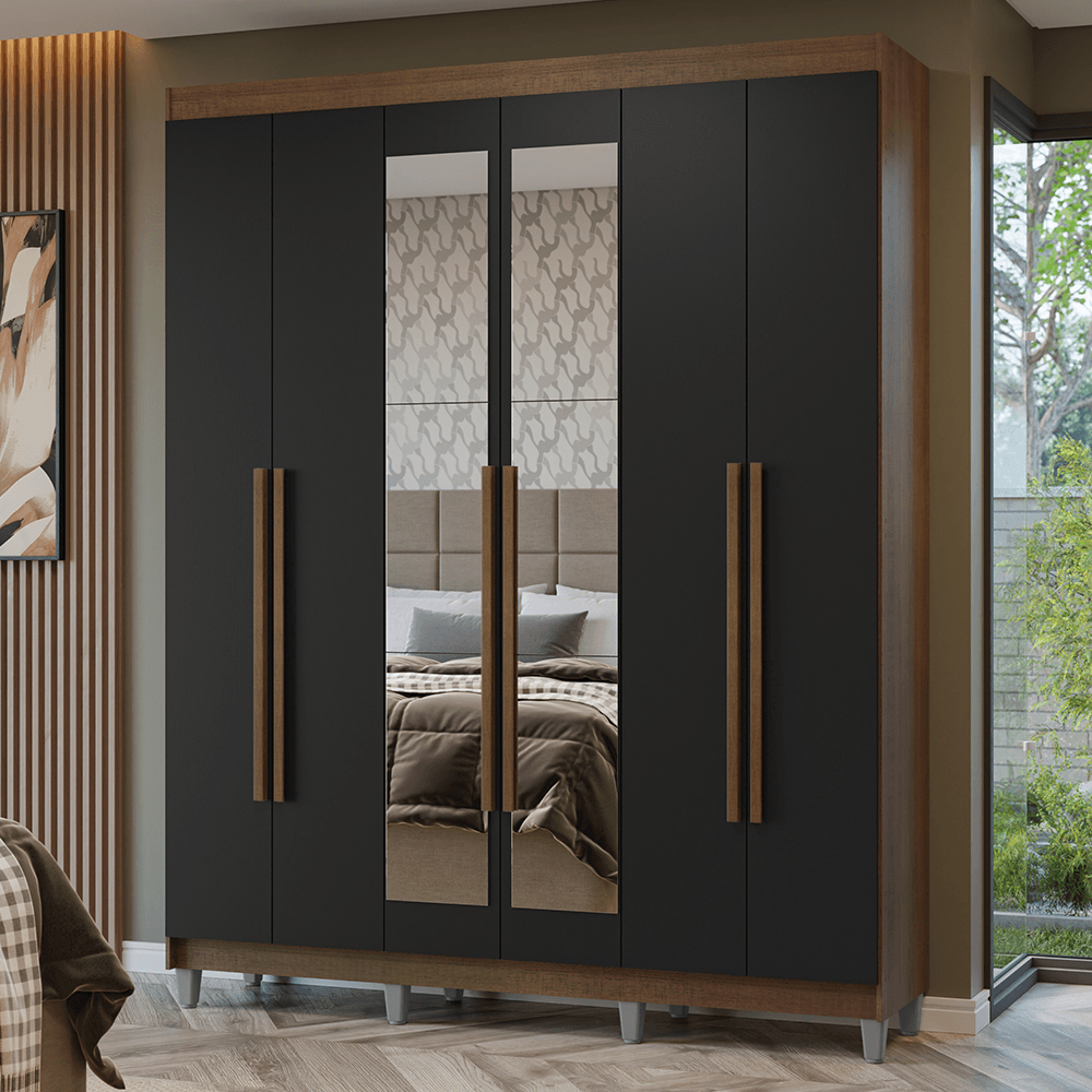 Guarda-Roupa Casal com Pés 6 Portas Batentes com Espelho Rustic/Preto/Rustic Netuno Madesa - Rustic/Preto/Rustic