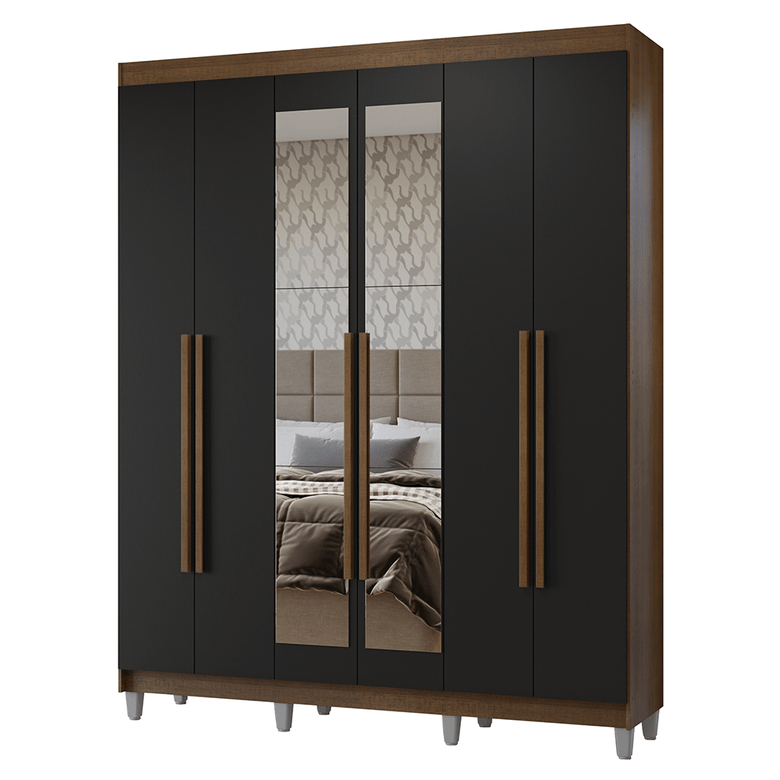 Guarda-Roupa Casal com Pés 6 Portas Batentes com Espelho Rustic/Preto/Rustic Netuno Madesa