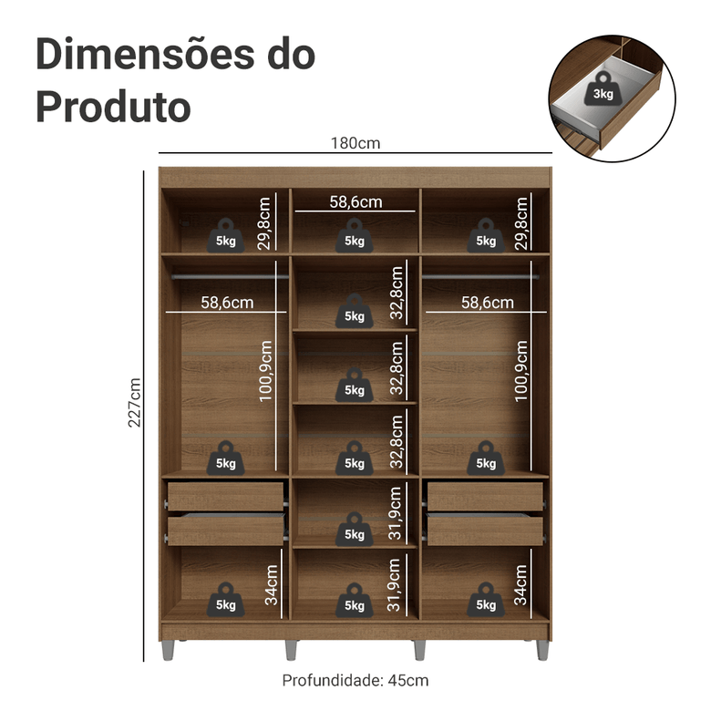 Guarda-Roupa Closet com Pés 4 Gavetas 180cm Rustic Venus Madesa