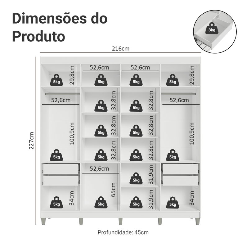 Guarda-Roupa Closet com Pés 4 Gavetas 216cm Branco Venus Madesa