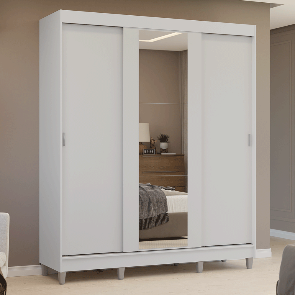 Guarda-Roupa Casal com Pés 3 Portas de Correr com Espelho Branco Reno Madesa - Branco