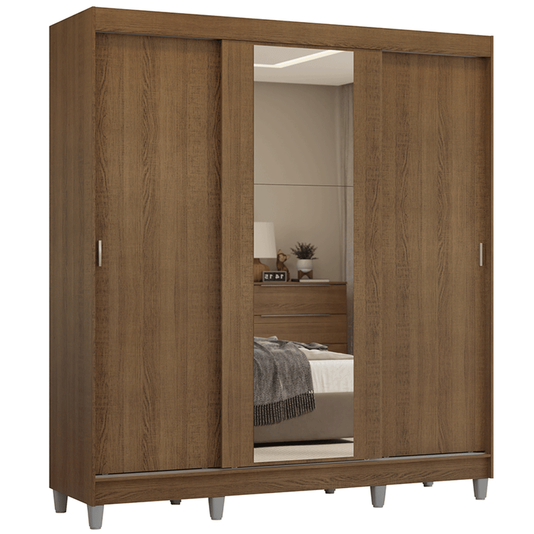 Guarda-Roupa Casal com Pés 3 Portas de Correr com Espelho Rustic Reno Madesa