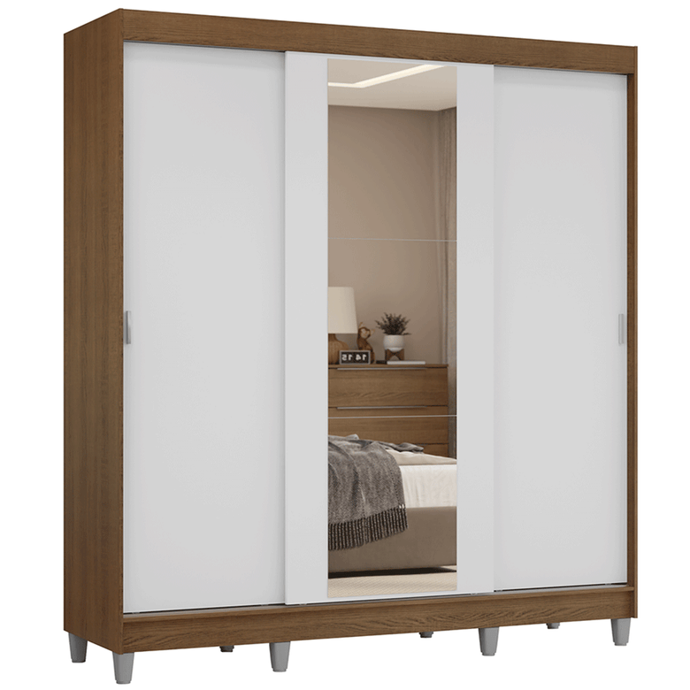 Guarda-Roupa Casal com Pés 3 Portas de Correr com Espelho Rustic/Branco Reno Madesa