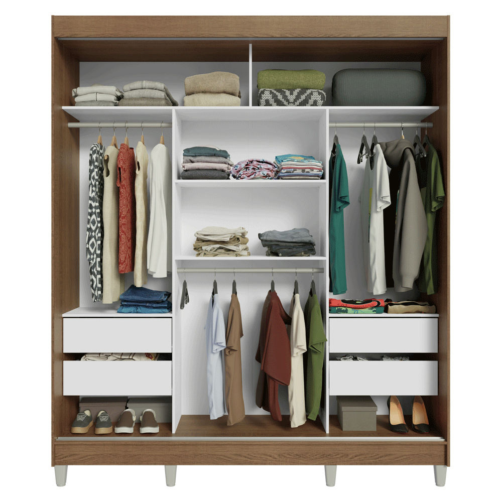 Guarda-Roupa Casal com Pés 3 Portas de Correr com Espelho Rustic/Branco Reno Madesa