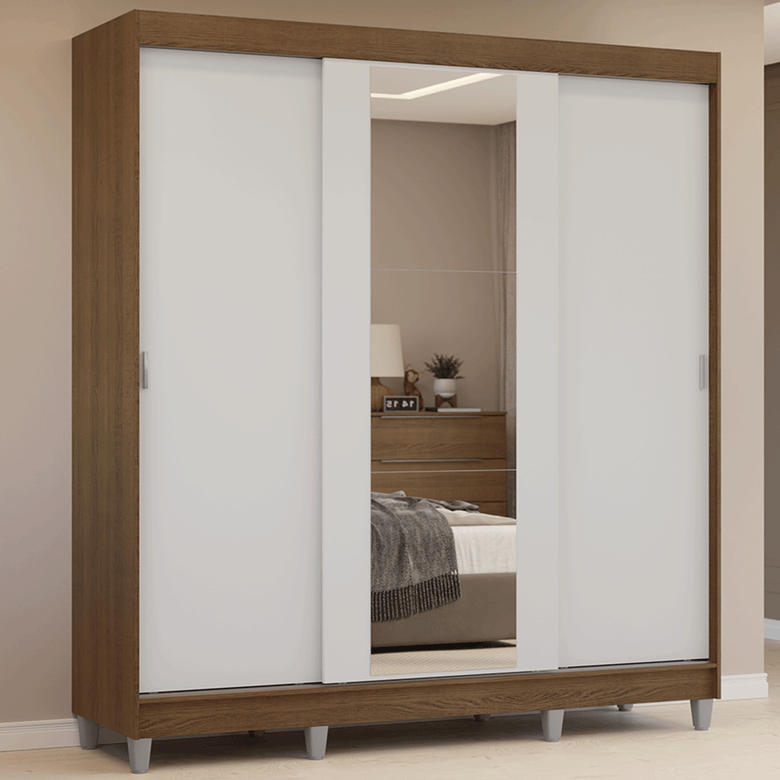 Guarda-Roupa Casal com Pés 3 Portas de Correr com Espelho Rustic/Branco Reno Madesa