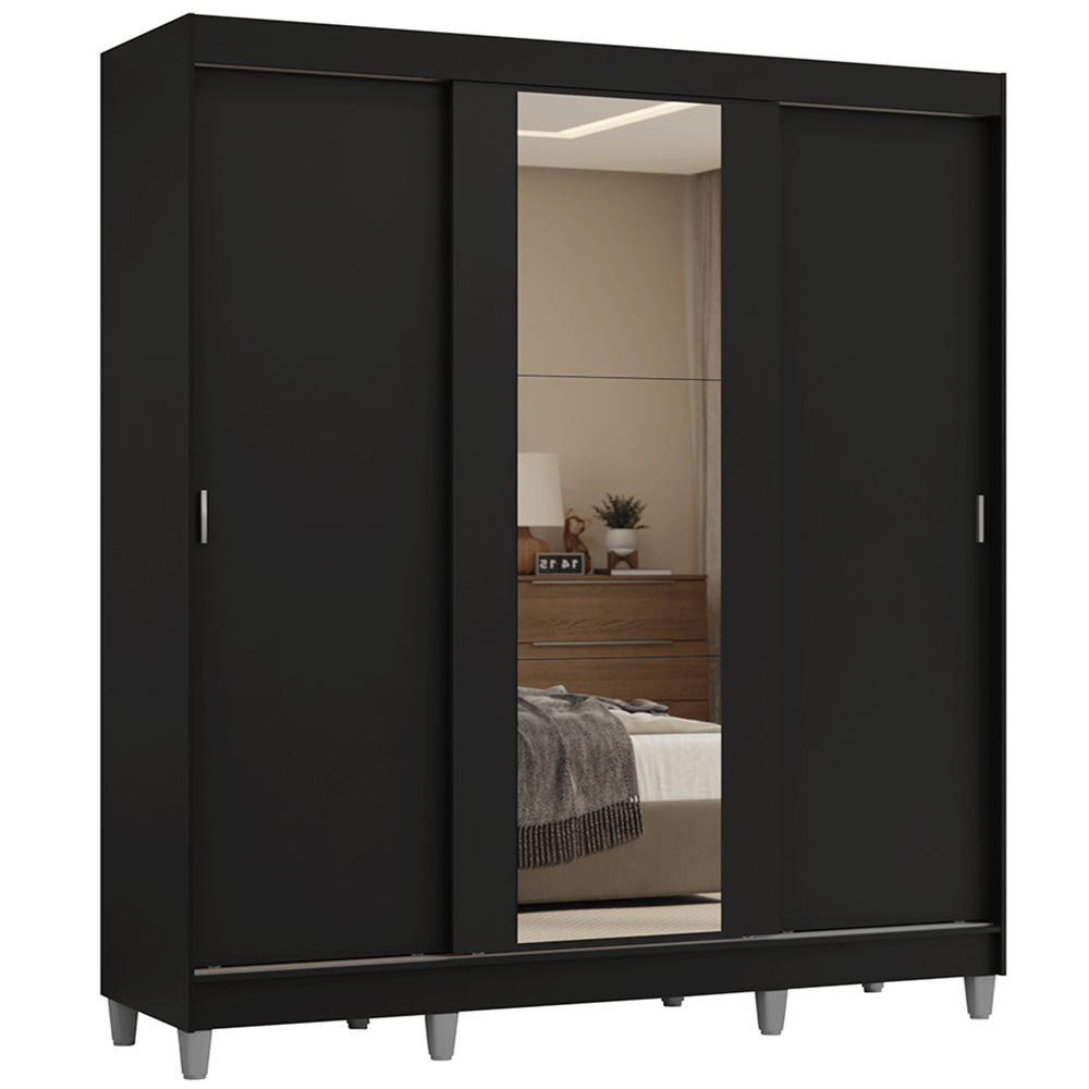 Guarda-Roupa Casal com Pés 3 Portas de Correr com Espelho Preto Reno Madesa - Preto