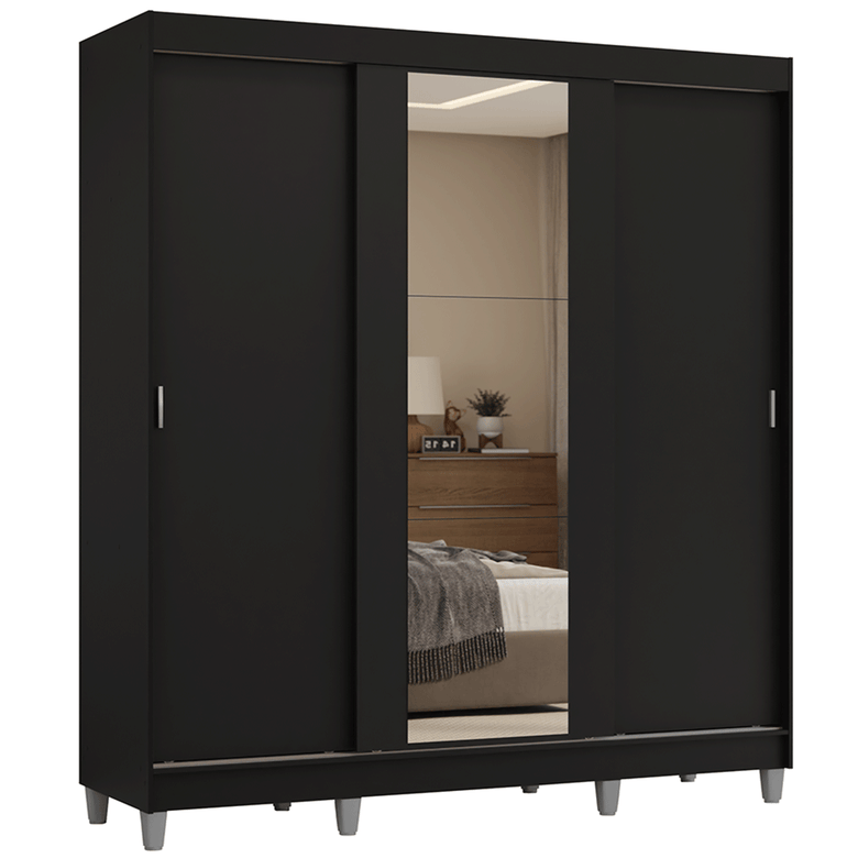 Guarda-Roupa Casal com Pés 3 Portas de Correr com Espelho Preto Reno Madesa