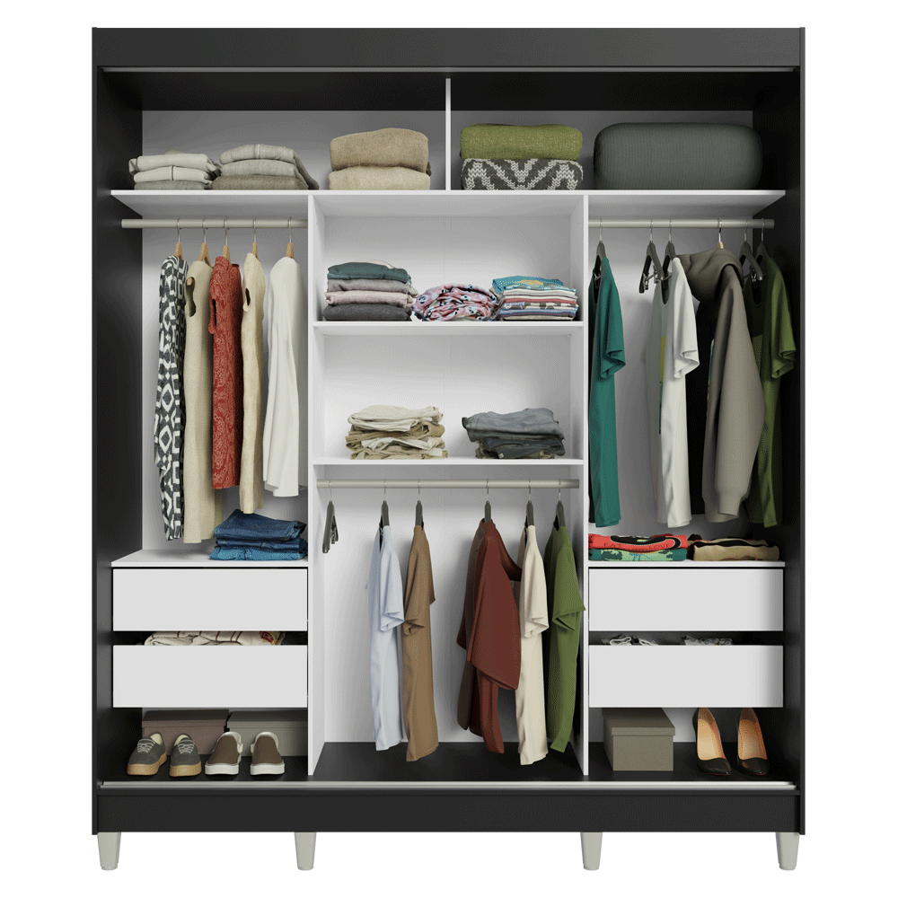 Guarda-Roupa Casal com Pés 3 Portas de Correr com Espelho Preto Reno Madesa