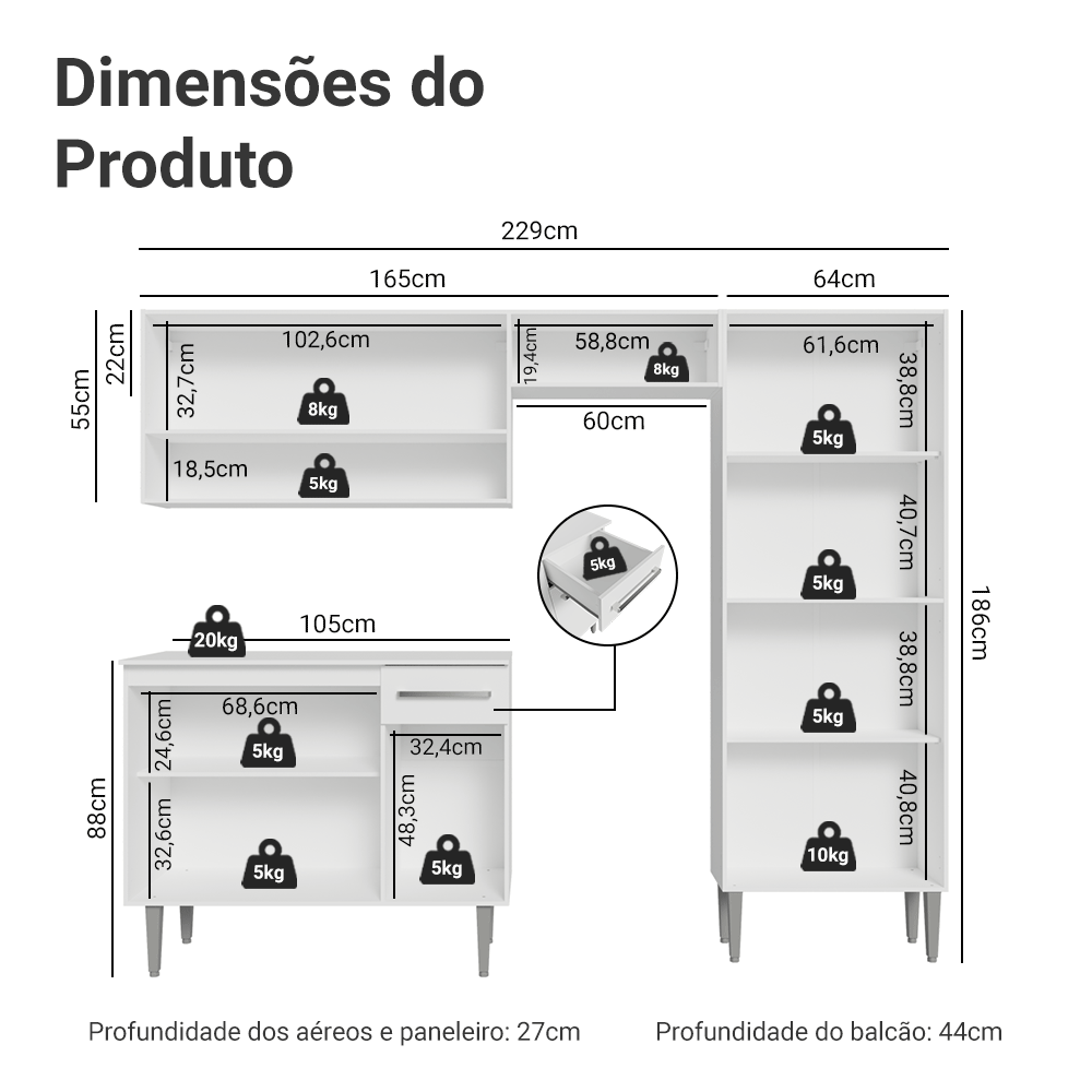 Armário de Cozinha Completa 229cm Branco Emilly Madesa 17