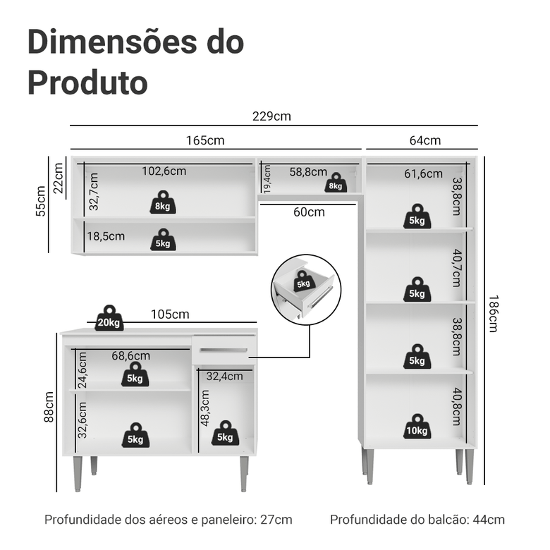 Armário de Cozinha Completa 229cm Branco Emilly Madesa 17