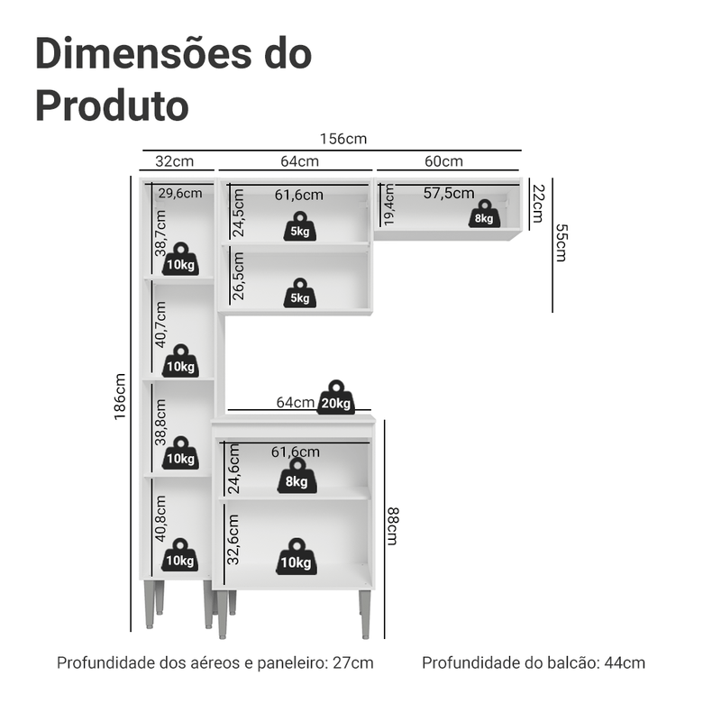 Armário de Cozinha Compacta 156cm Branco Emilly Madesa 01