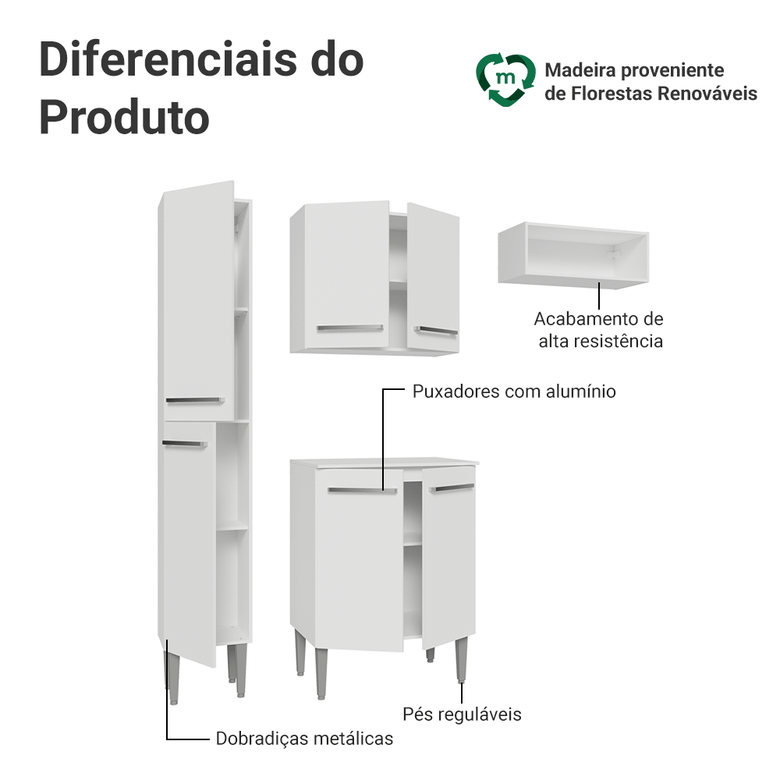 Armário de Cozinha Compacta 156cm Branco Emilly Madesa 01