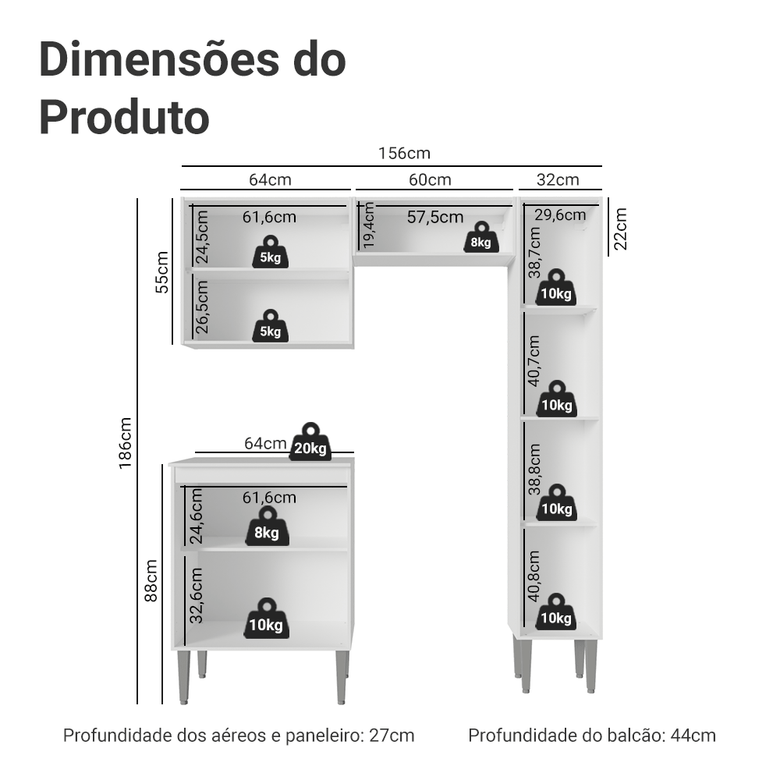 Armário de Cozinha Compacta 156cm Branco Emilly Madesa 02