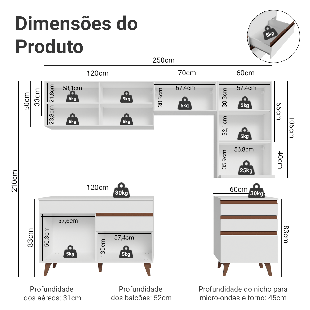 Armário de Cozinha Completa 250cm Branco Reims Madesa 07