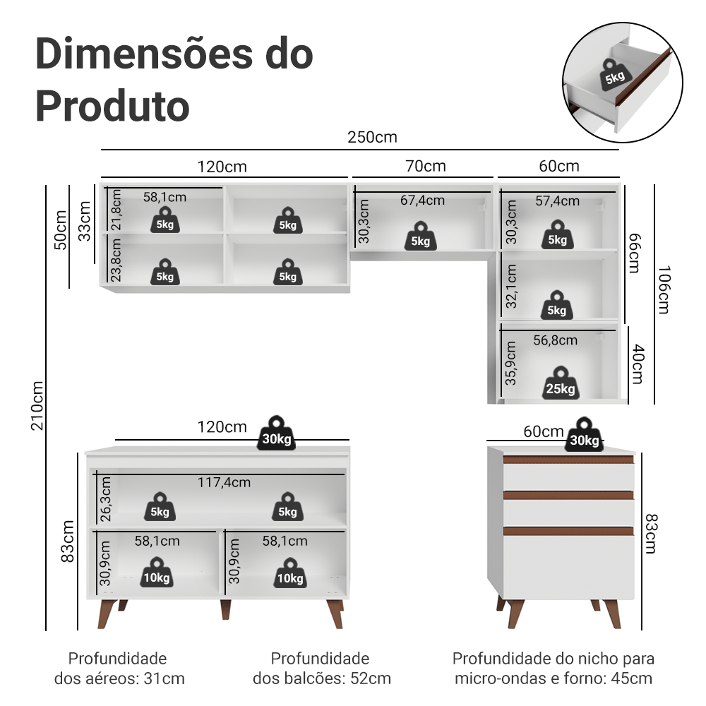 Armário de Cozinha Completa 250cm Branco Reims Madesa 08