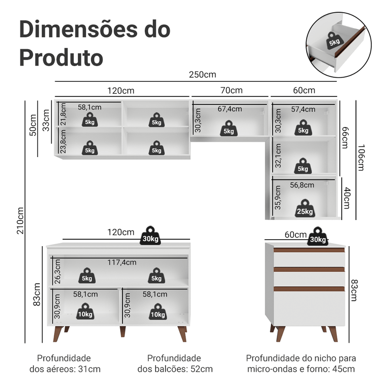 Armário de Cozinha Completa 250cm Branco Reims Madesa 08