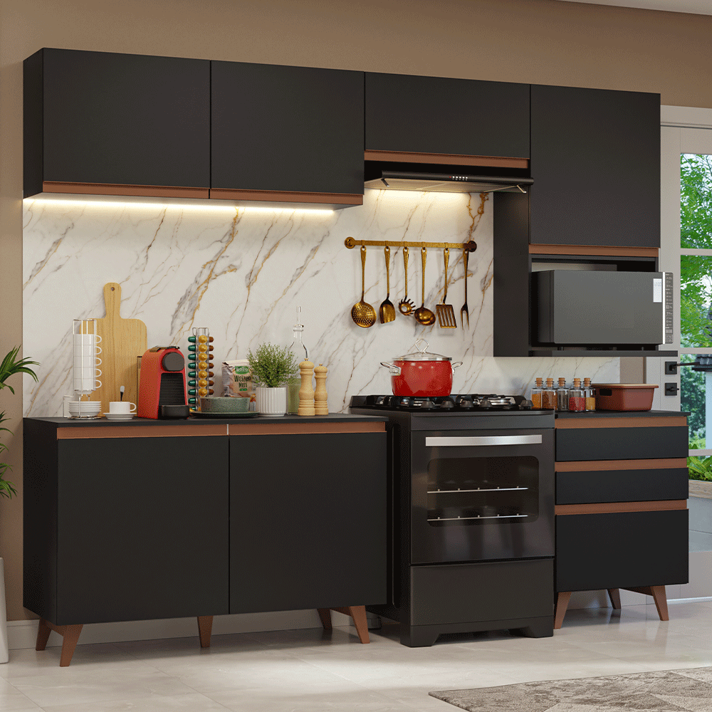 Armário de Cozinha Completa 250cm Preto Reims Madesa 08 - Preto