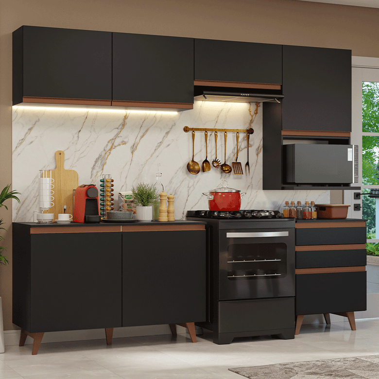 Armário de Cozinha Completa 250cm Preto Reims Madesa 08