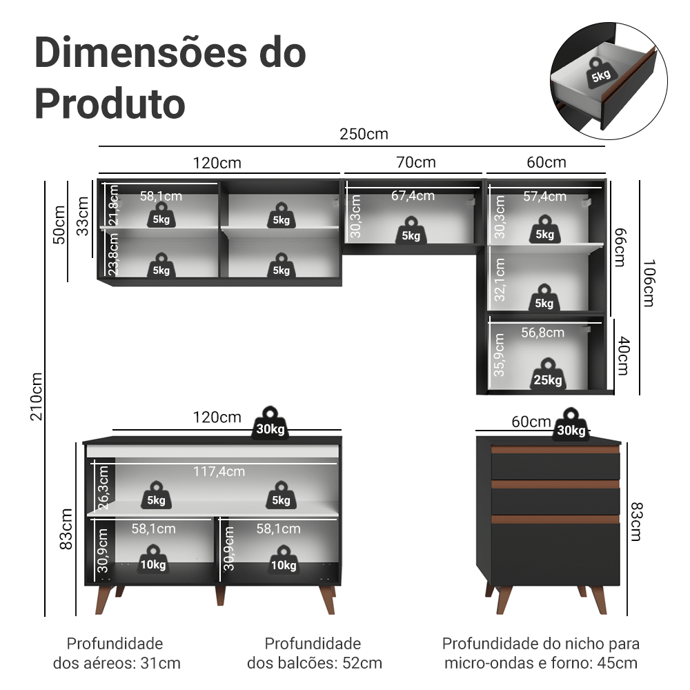 Armário de Cozinha Completa 250cm Preto Reims Madesa 08