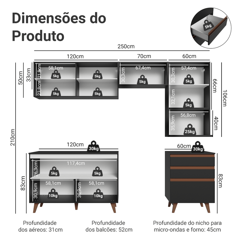 Armário de Cozinha Completa 250cm Preto Reims Madesa 08