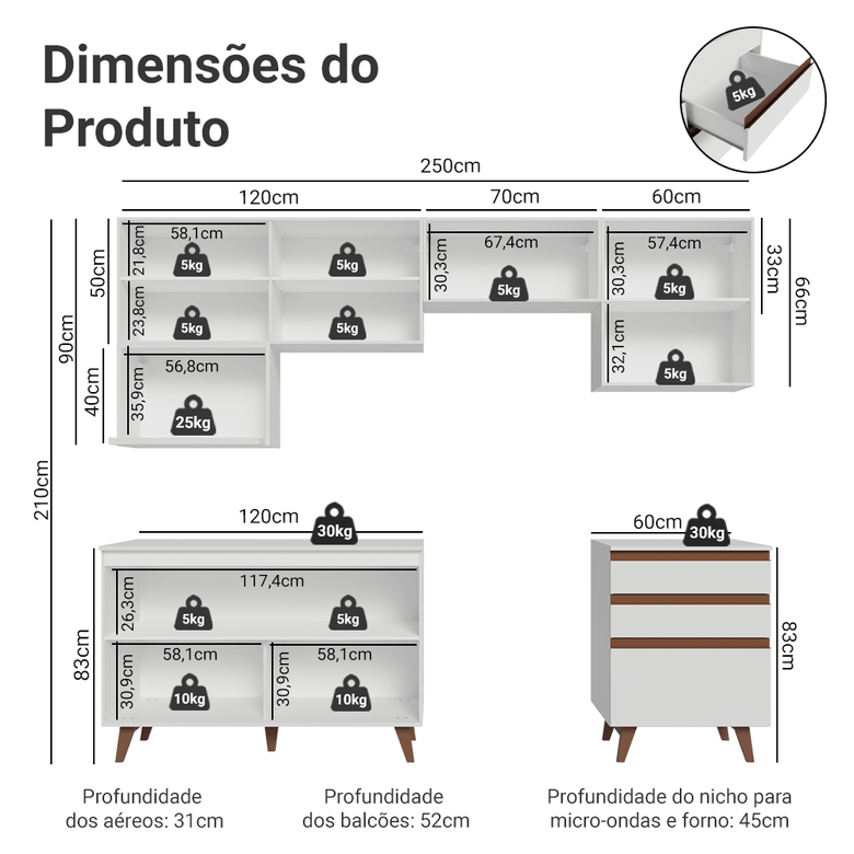 Armário de Cozinha Completa 250cm Branco Reims Madesa 09