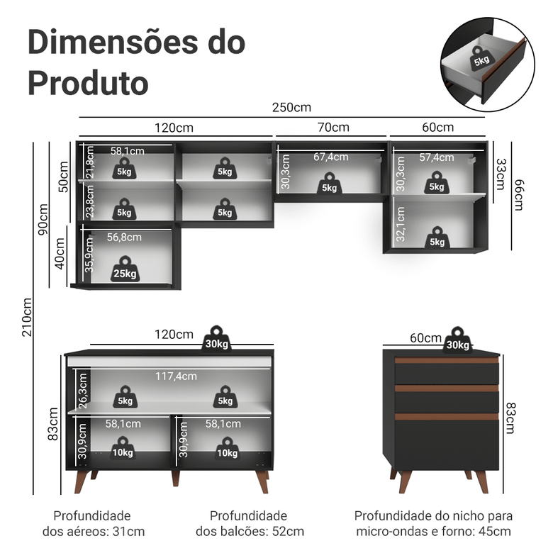 Armário de Cozinha Completa 250cm Preto Reims Madesa 09