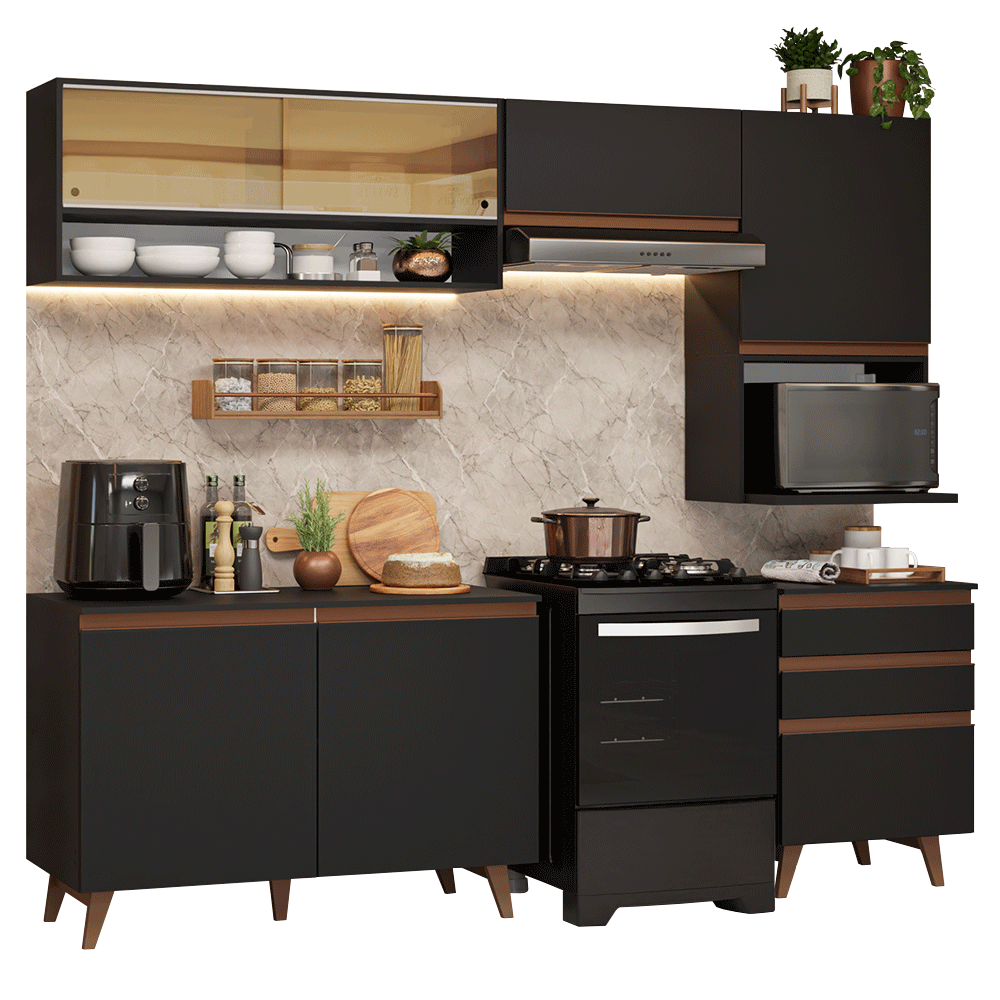 Armário de Cozinha Completa 250cm Preto Reims Madesa 10 - Preto